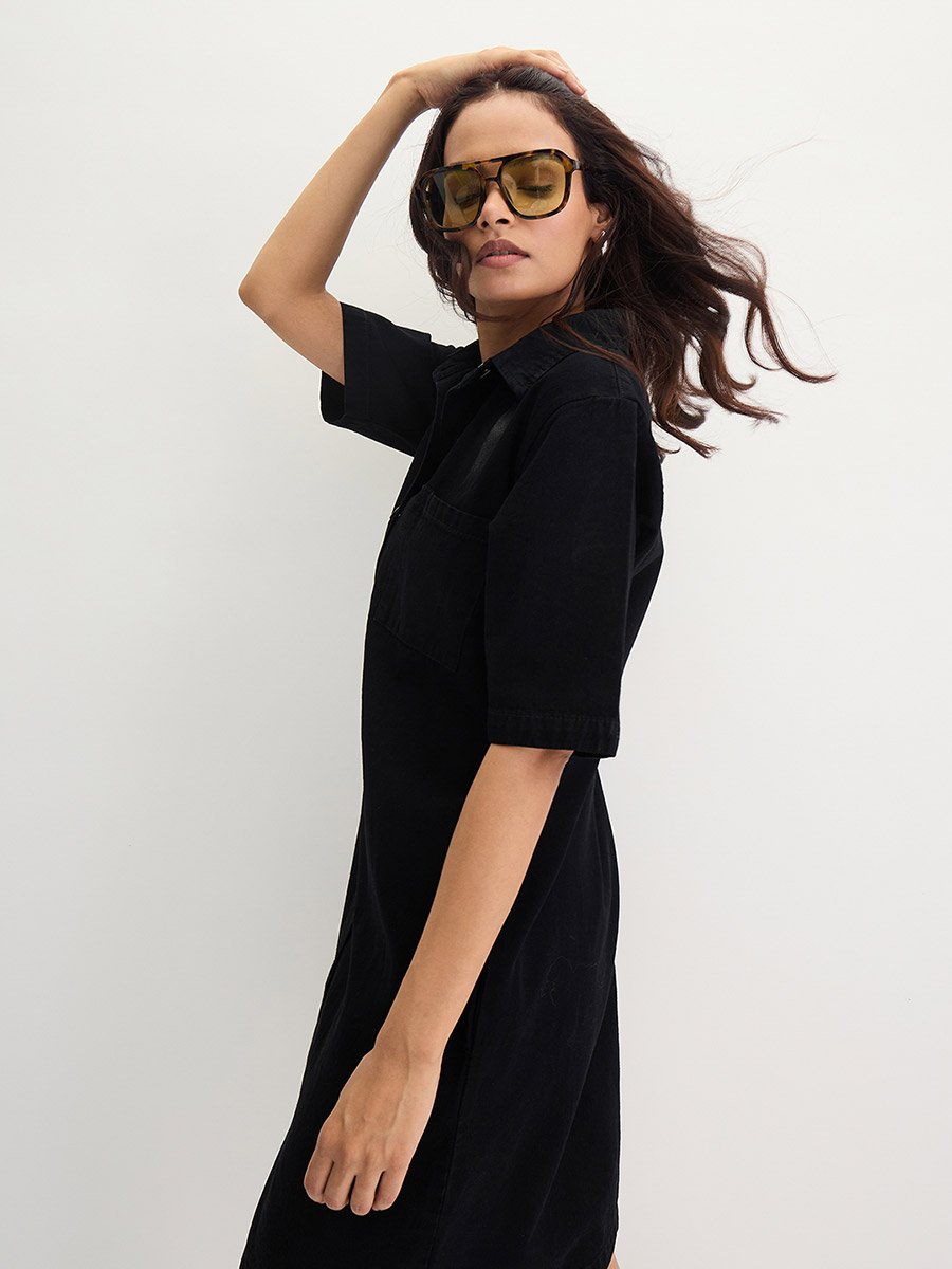 Black Denim Knee Length Shirt Dress For Women at Oman | Styli Black Denim Knee Length Shirt Dress For Women at Oman | Styli