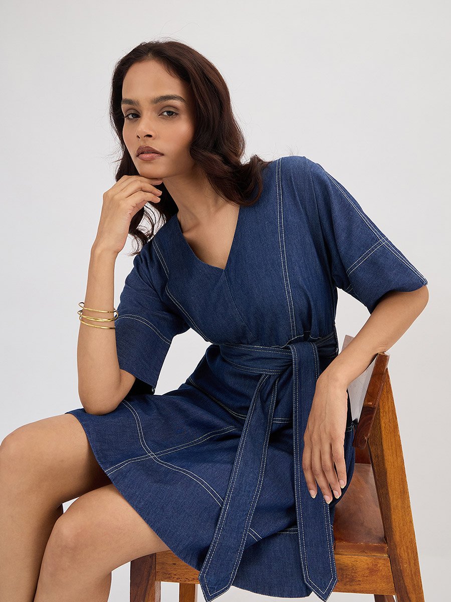 Navy Blue Denim A-Line Mini Dress For Women at Bahrain