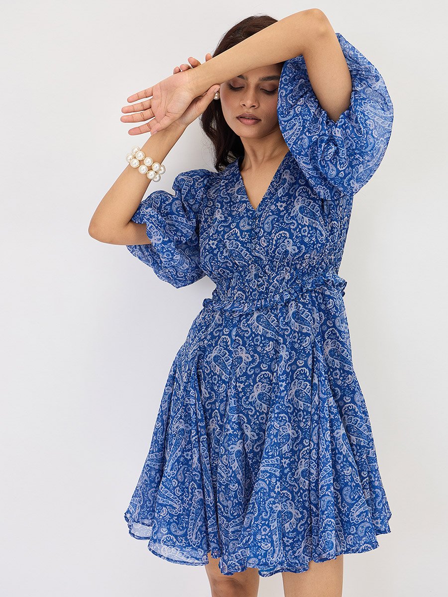 Blue Paisley Printed Puff Sleeve Mini Dress