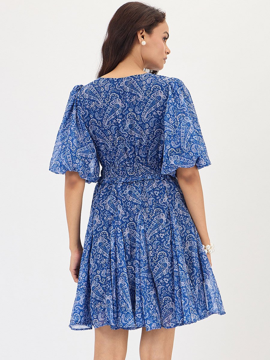 Blue Paisley Printed Puff Sleeve Mini Dress