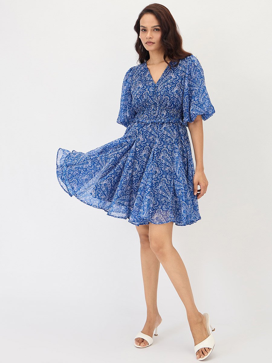 Blue Paisley Printed Puff Sleeve Mini Dress