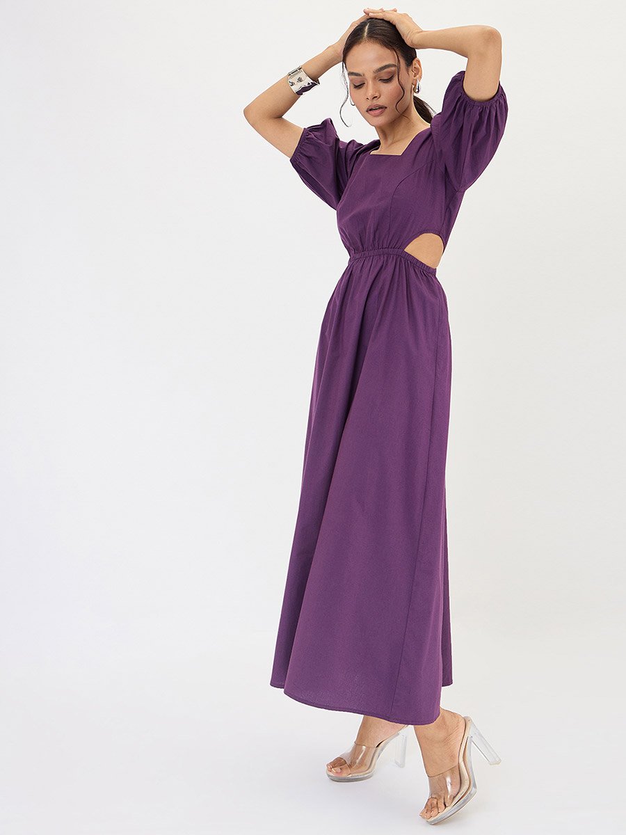 Deep Purple Poplin Cut Out Maxi Dress