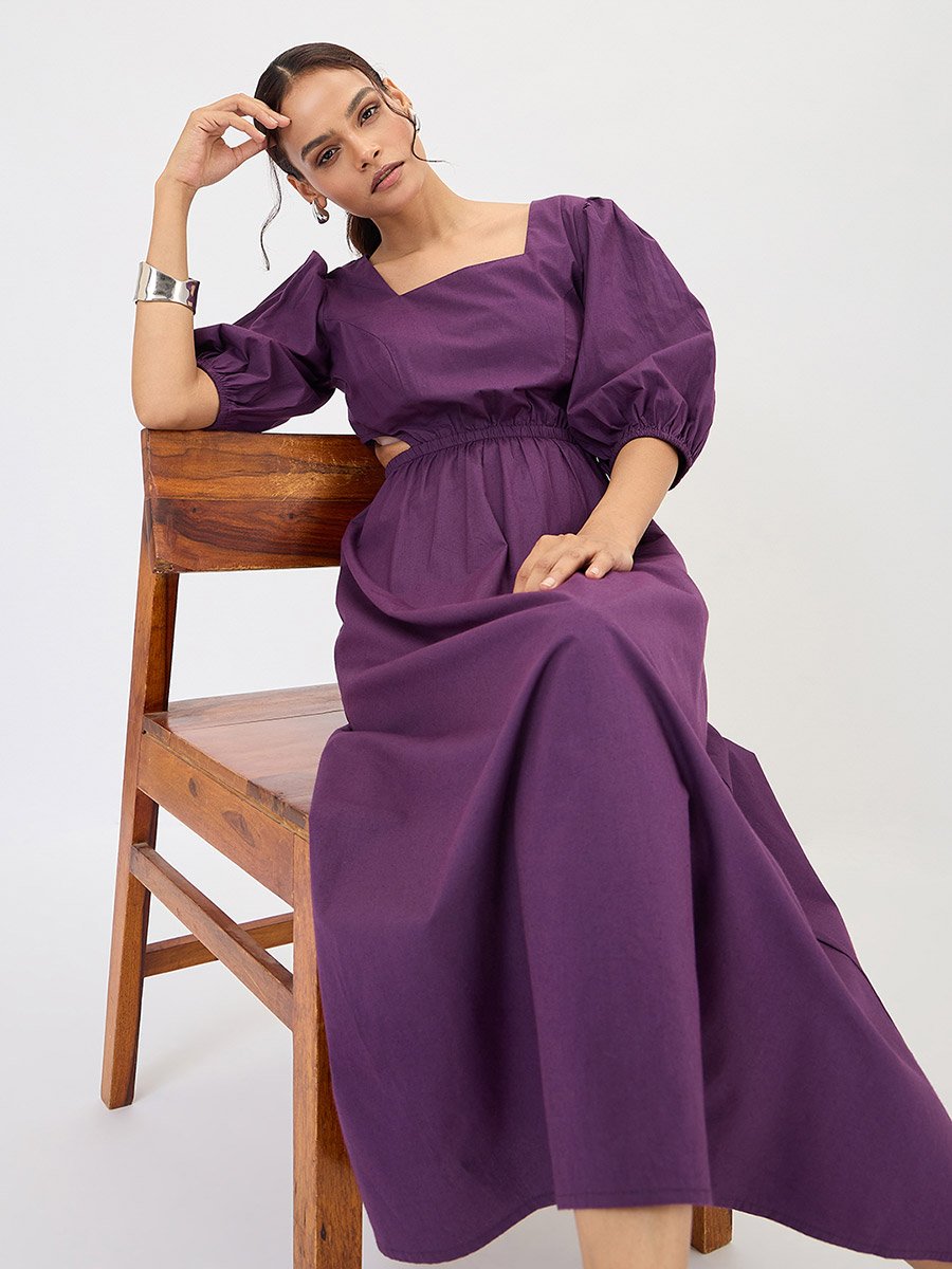 Deep Purple Poplin Cut Out Maxi Dress