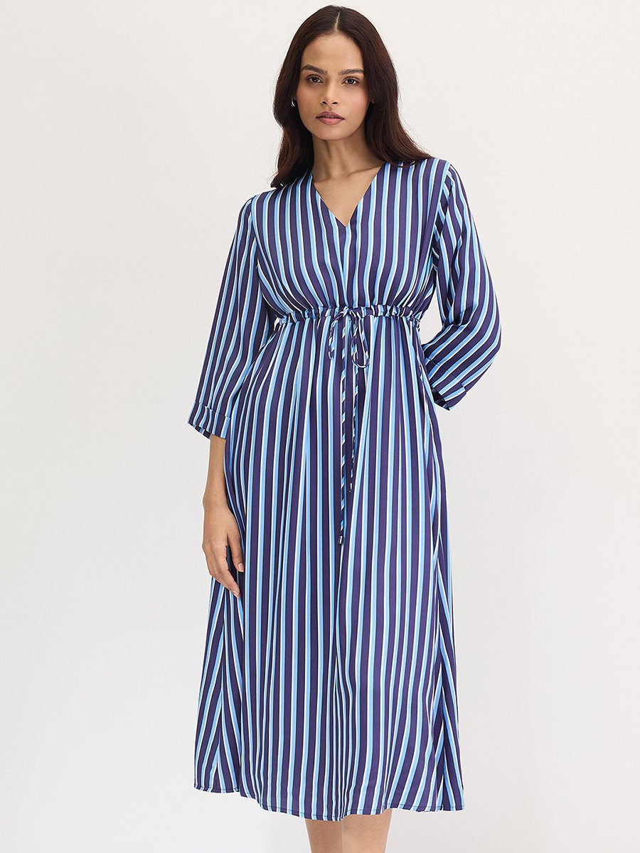 Navy Blue Striped Midi Dress with 3/4 Sleeves