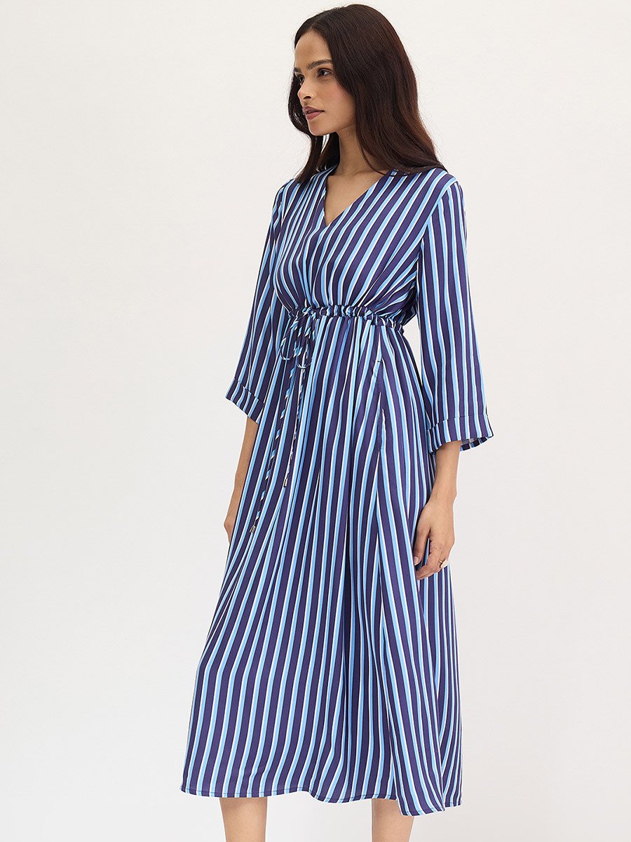 Navy Blue Striped Midi Dress with 3/4 Sleeves