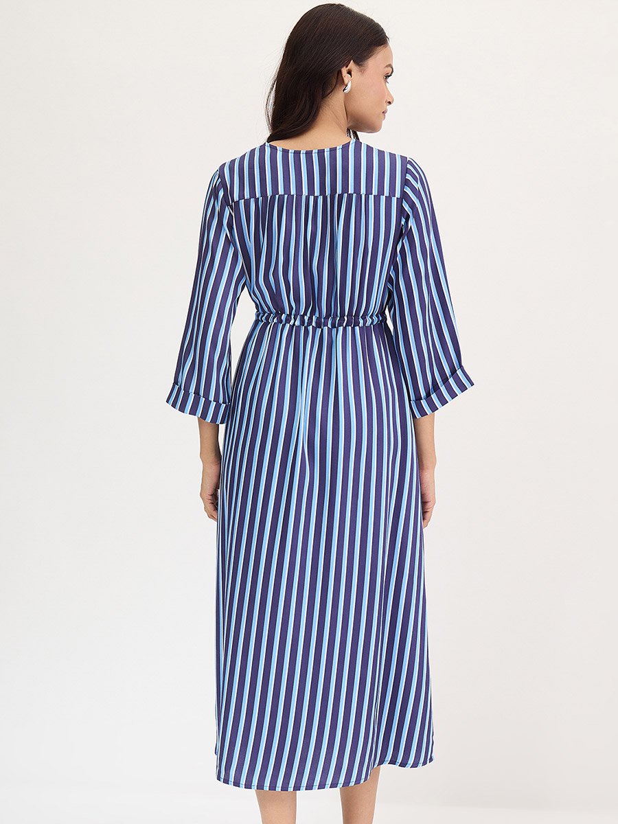 Navy Blue Striped Midi Dress with 3/4 Sleeves