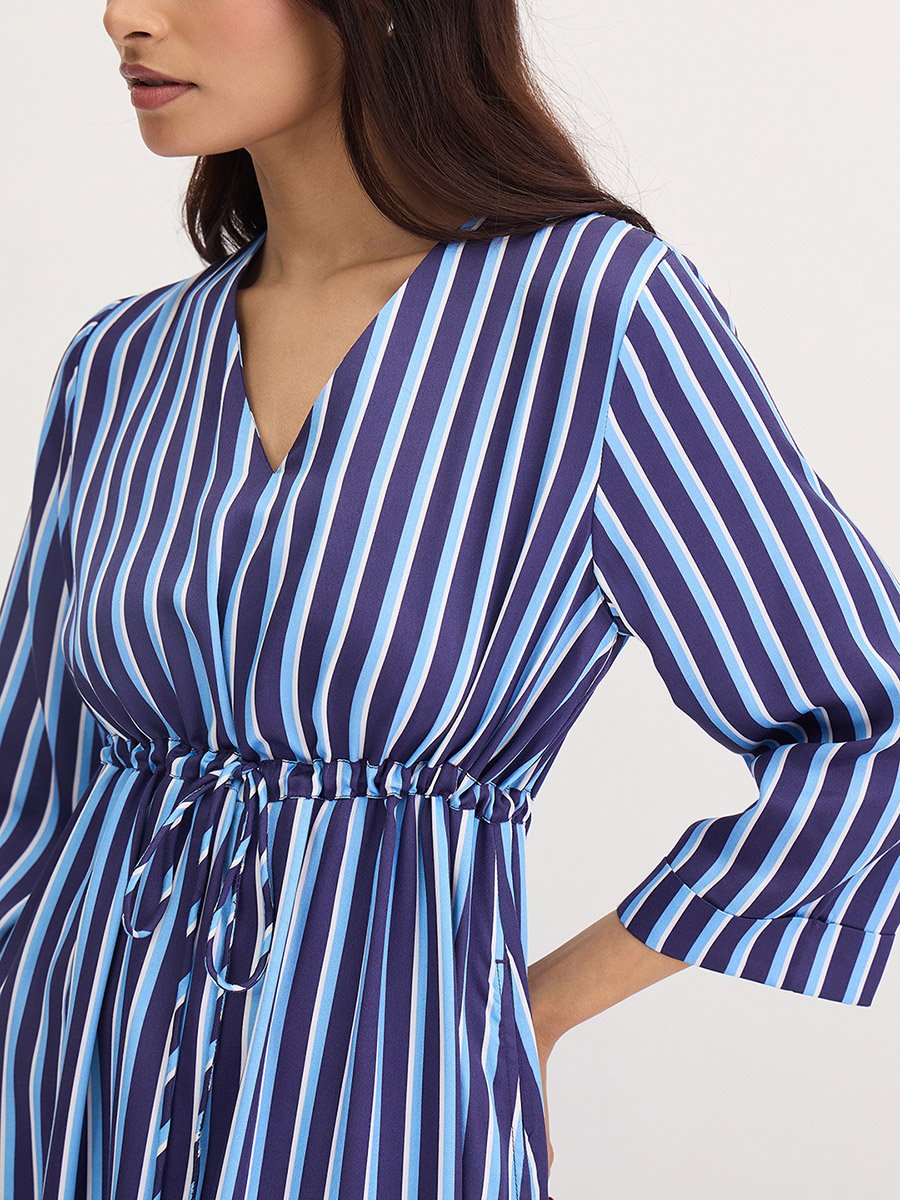 Navy Blue Striped Midi Dress with 3/4 Sleeves
