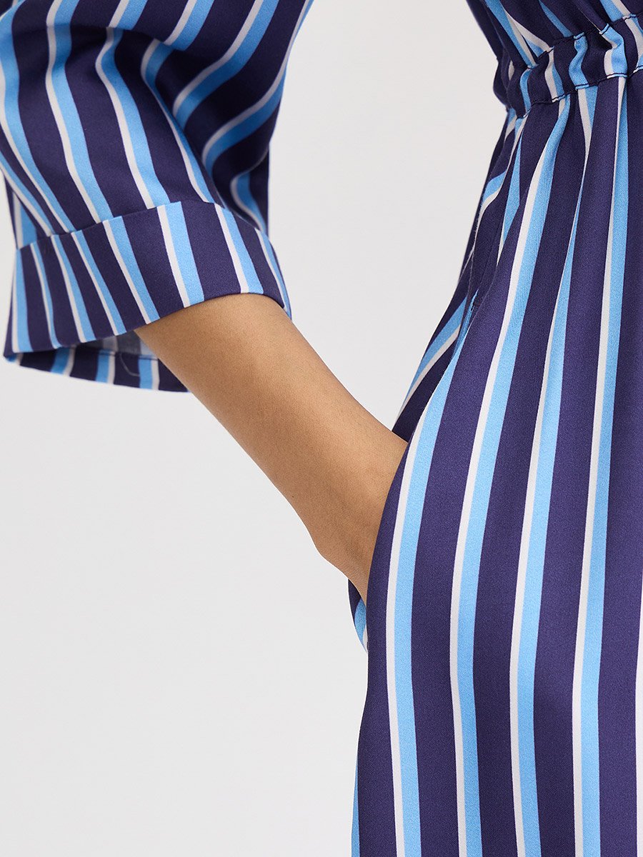 Navy Blue Striped Midi Dress with 3/4 Sleeves