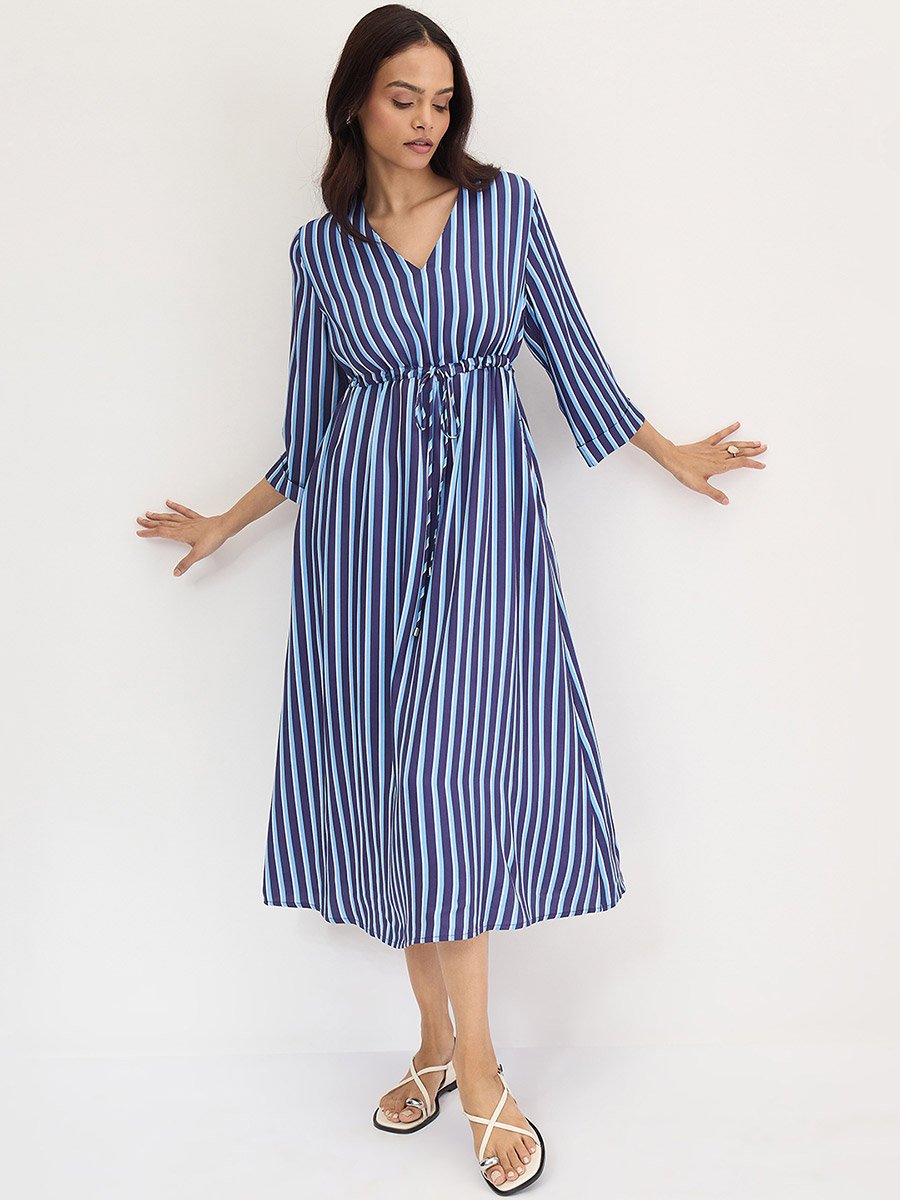 Navy Blue Striped Midi Dress with 3/4 Sleeves
