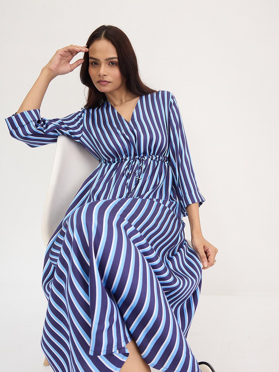 Navy Blue Striped Midi Dress with 3/4 Sleeves