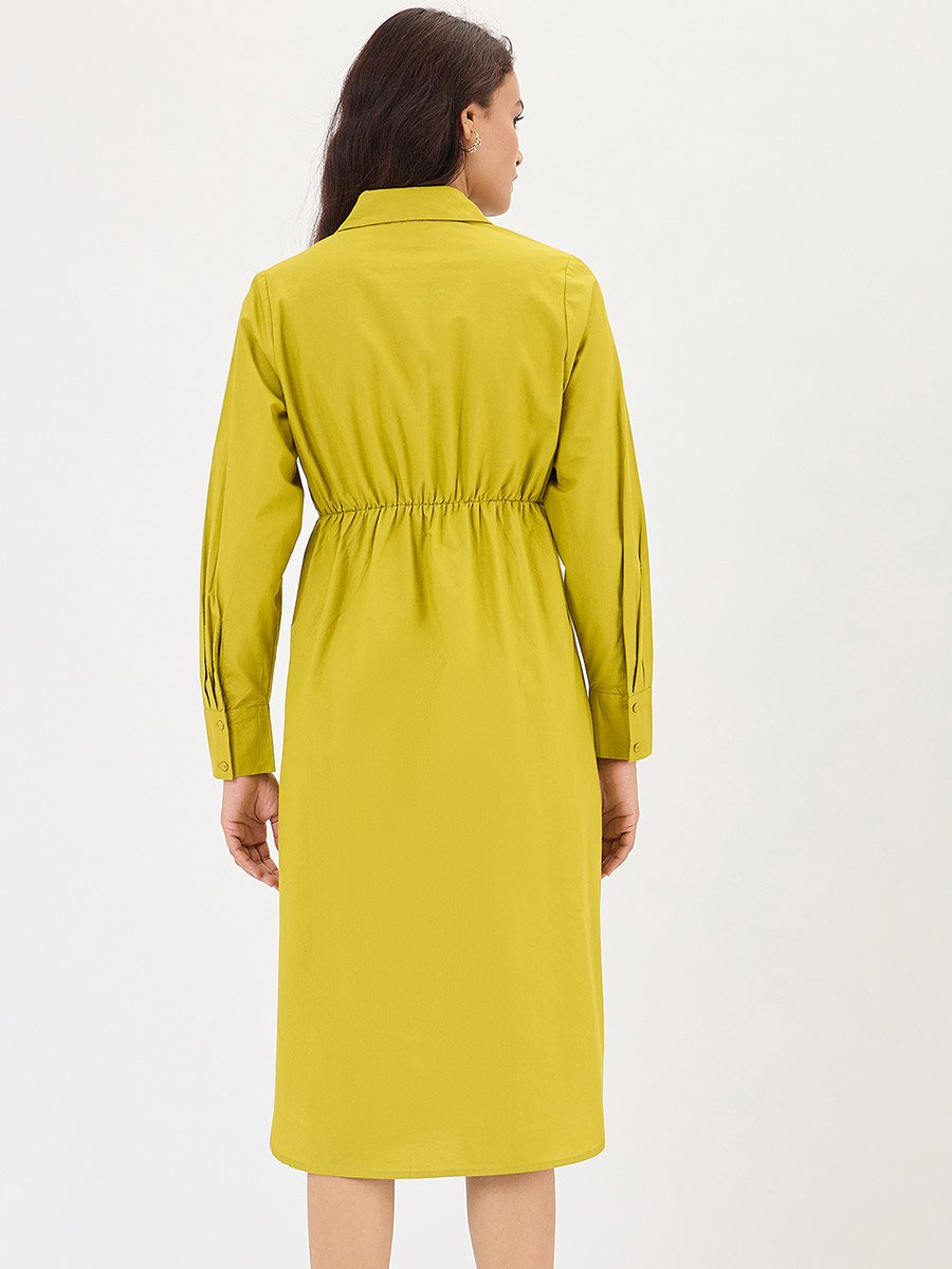 Citrine Green Poplin Knot Detail Midi Dress