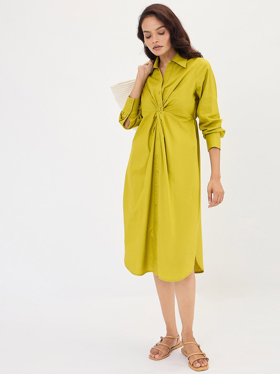 Citrine Green Poplin Knot Detail Midi Dress For Women at UAE | Styli