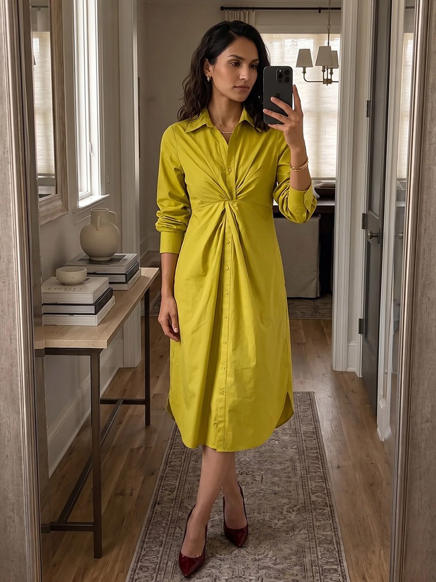 Citrine Green Poplin Knot Detail Midi Dress