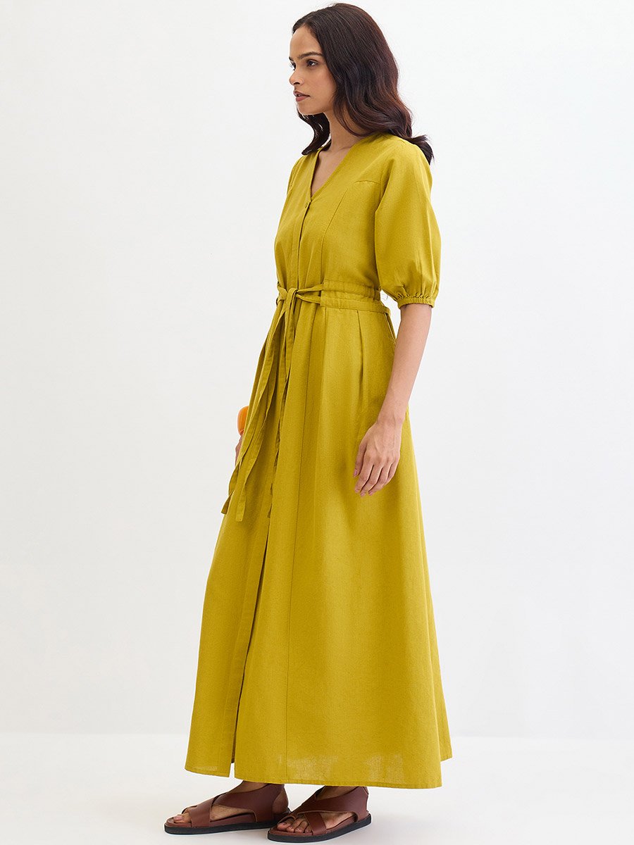 Citrine Green Cotton Linen Maxi Dress