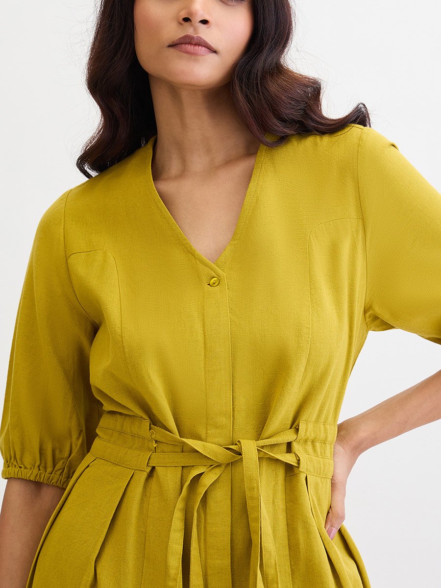 Citrine Green Cotton Linen Maxi Dress