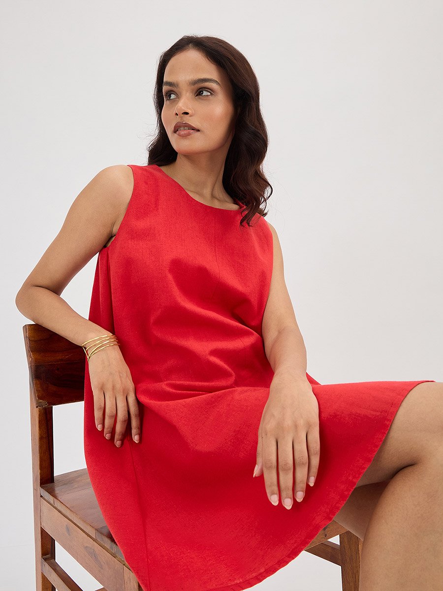 Red Sleeveless Linen Blend A-Line Mini Dress For Women at Saudi | Styli