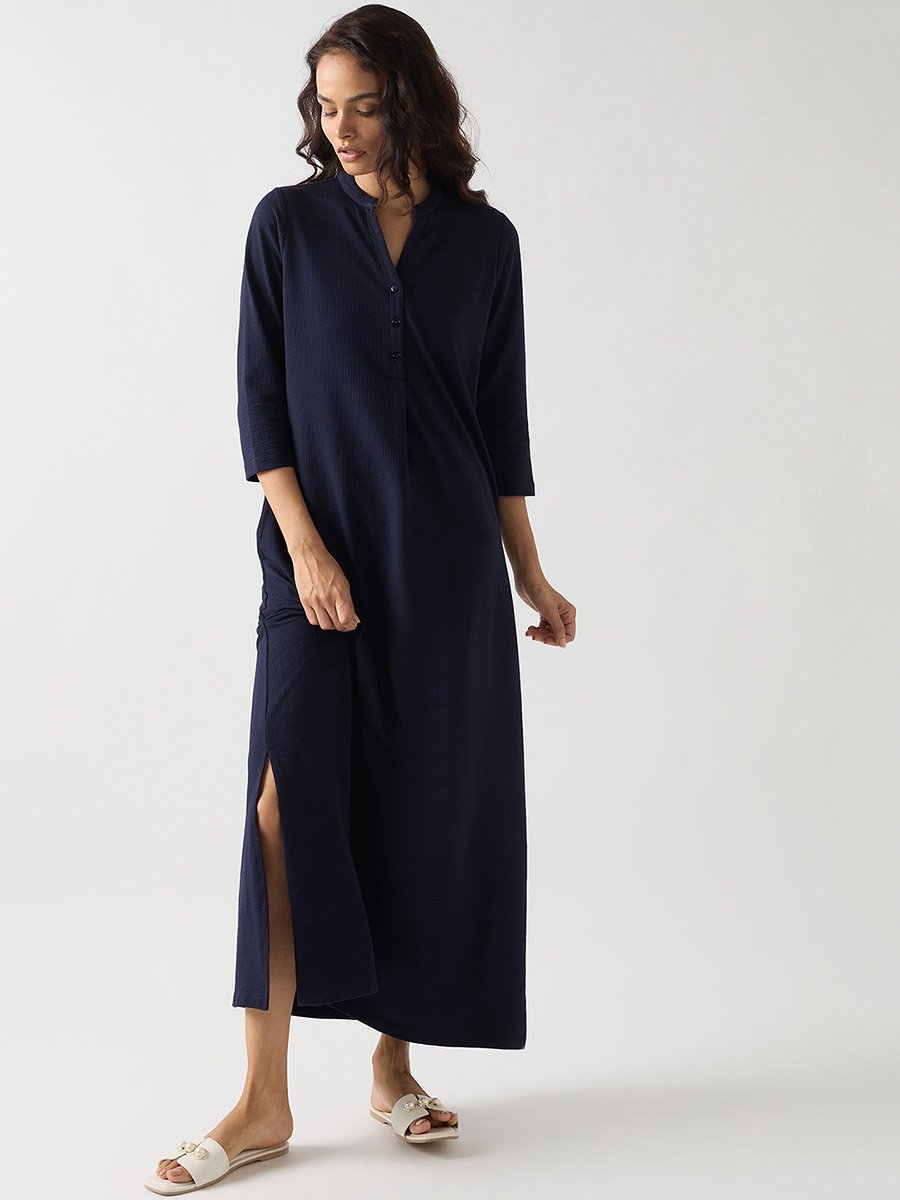 Navy Blue Cotton Knit Maxi Dress with 3/4 Sleeves