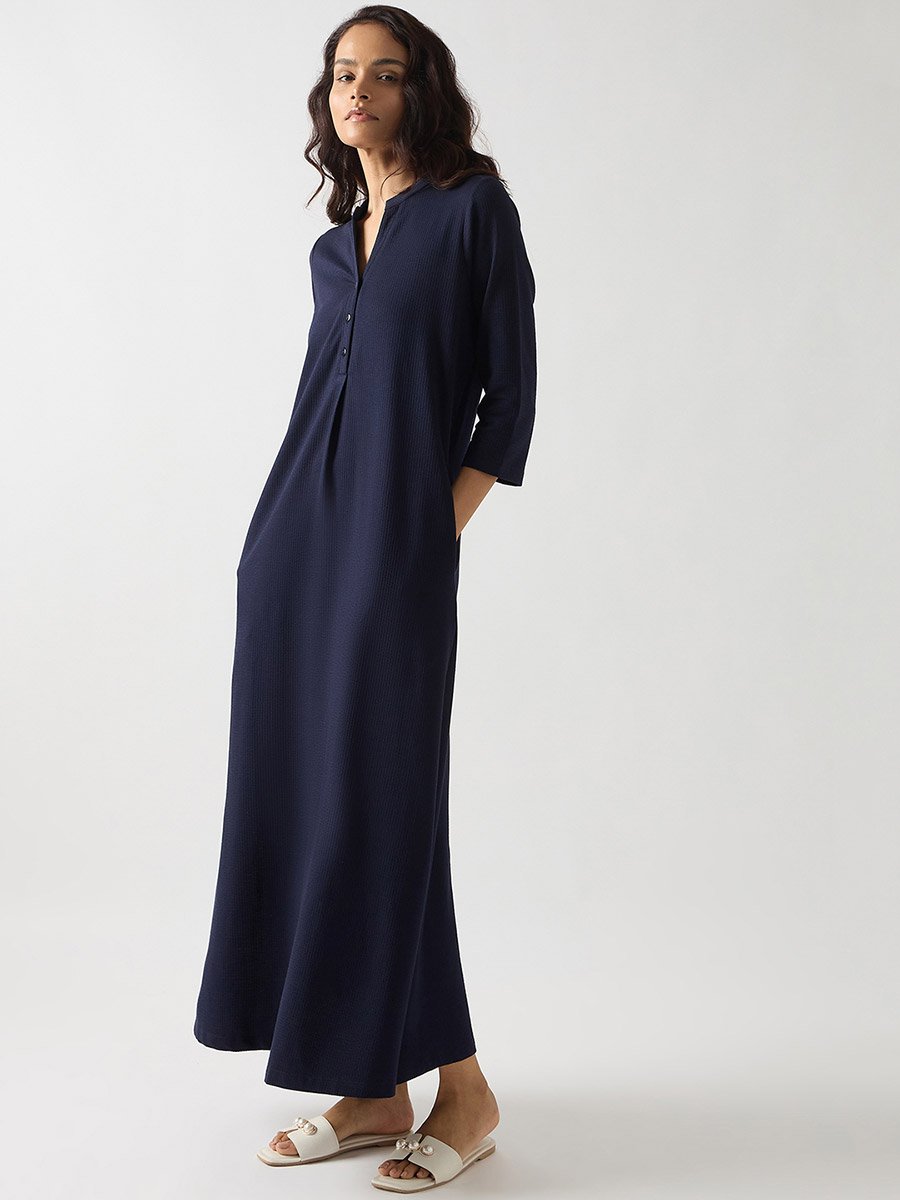 Navy Blue Cotton Knit Maxi Dress with 3/4 Sleeves