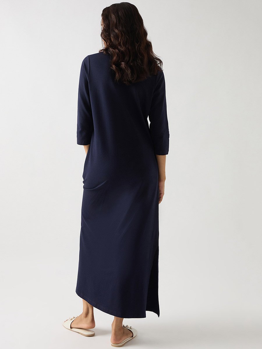 Navy Blue Cotton Knit Maxi Dress with 3/4 Sleeves