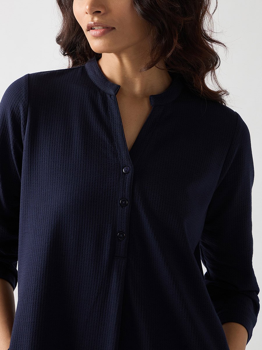 Navy Blue Cotton Knit Maxi Dress with 3/4 Sleeves