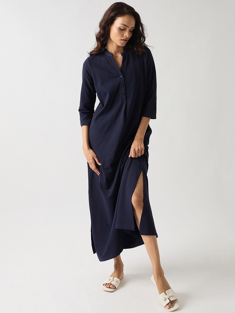 Navy Blue Cotton Knit Maxi Dress with 3/4 Sleeves