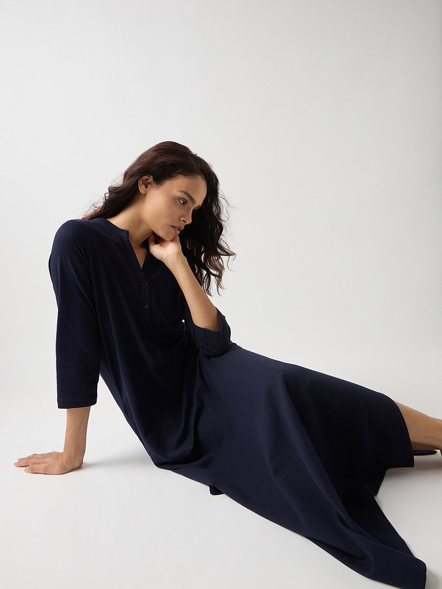 Navy Blue Cotton Knit Maxi Dress with 3/4 Sleeves