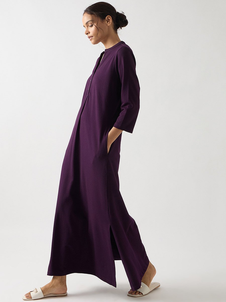Purple Cotton Knit Maxi Dress with 3/4 Sleeves For Women at Bahrain | Styli