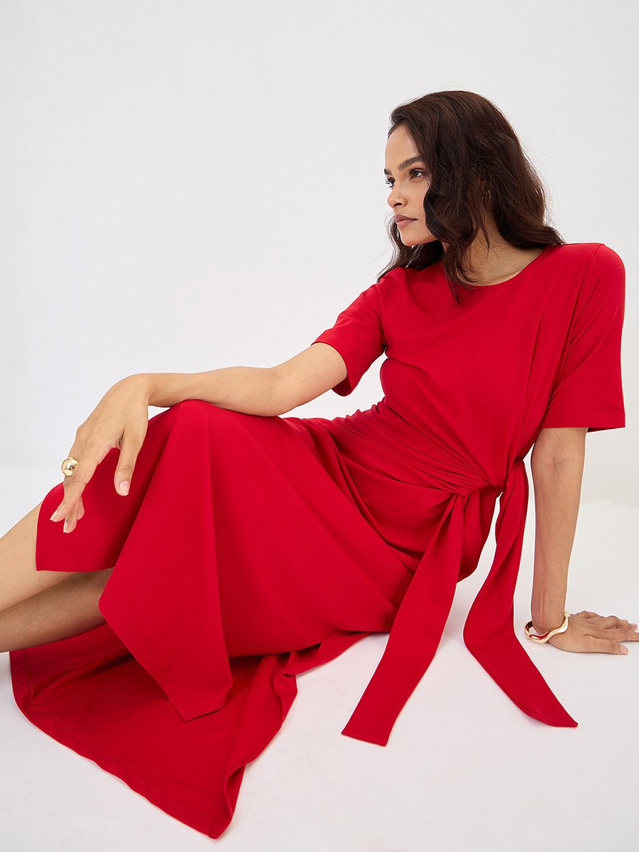 Red Cotton Knit Tie-Up Maxi Dress For Women at Bahrain | Styli Red Cotton Knit Tie-Up Maxi Dress For Women at Bahrain | Styli