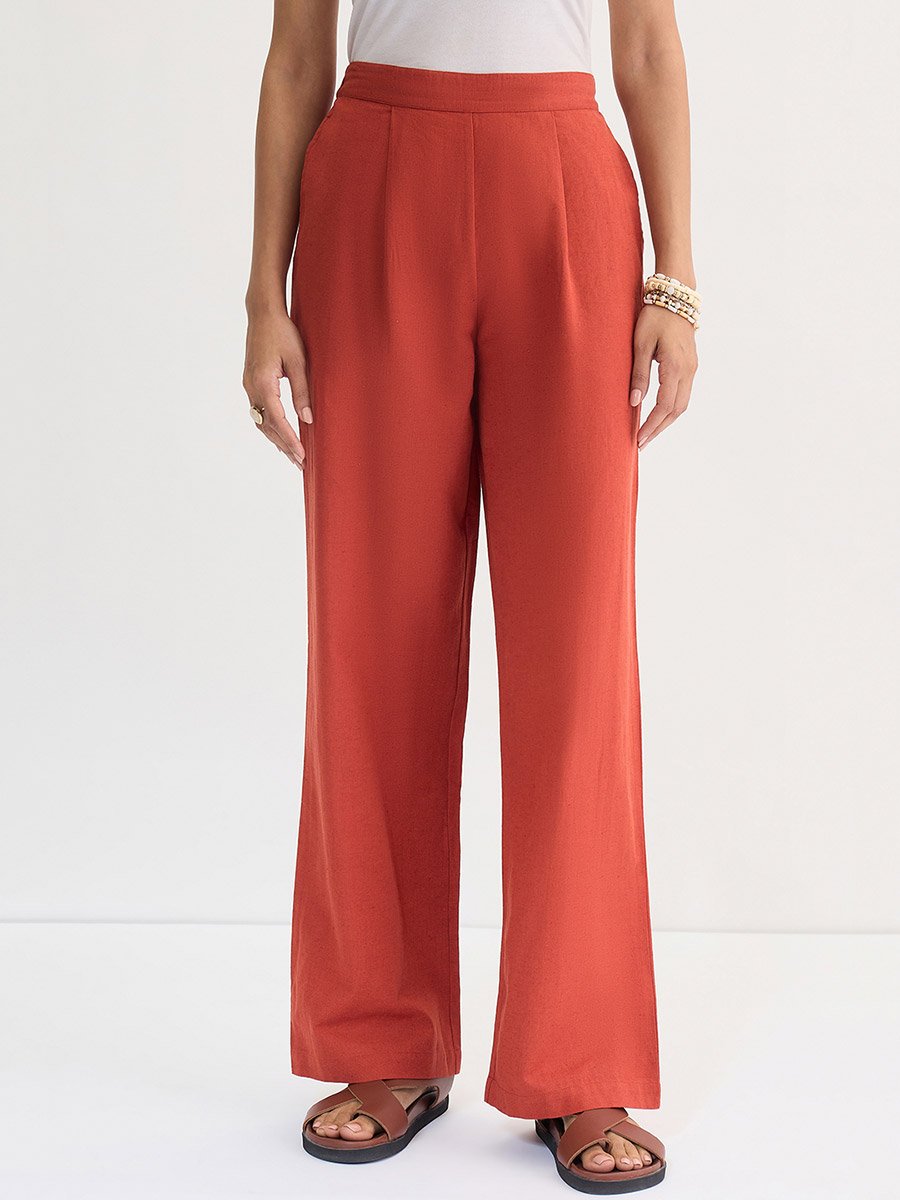 Rust Cotton Linen Straight Fit Pants