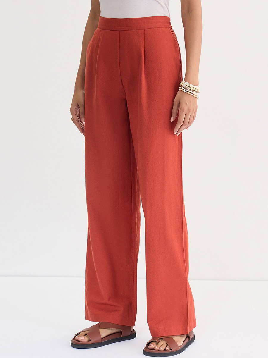 Rust Cotton Linen Straight Fit Pants