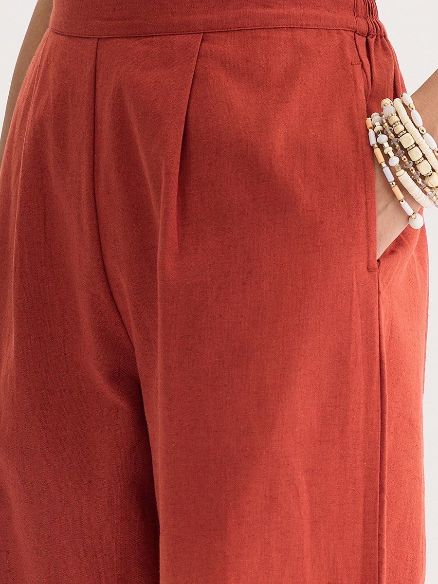 Rust Cotton Linen Straight Fit Pants