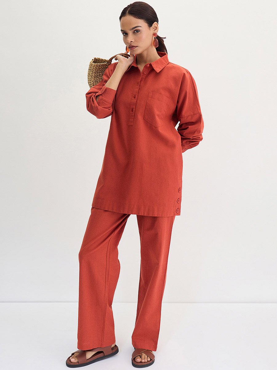Rust Cotton Linen Straight Fit Pants