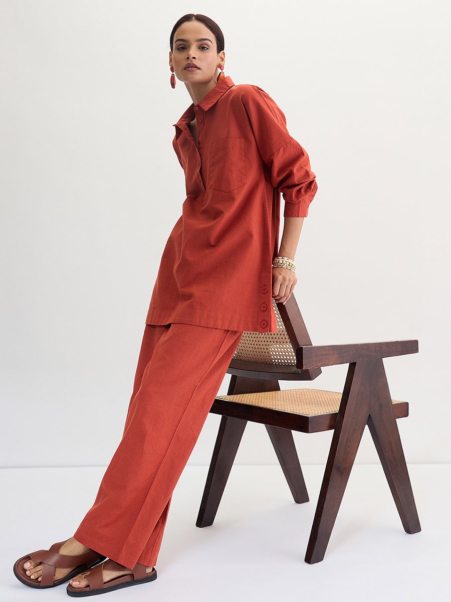 Rust Cotton Linen Straight Fit Pants