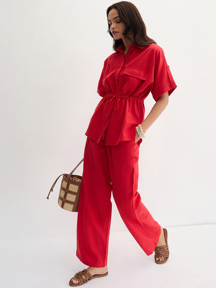 Red Cotton Linen Straight Fit Pants