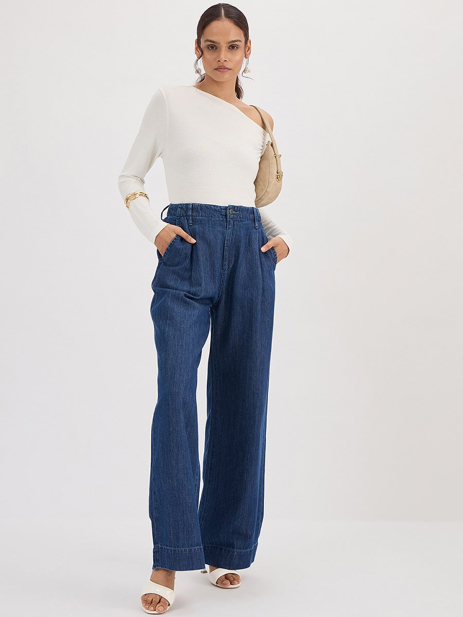 Blue Mid-Rise Wide Leg Jeans