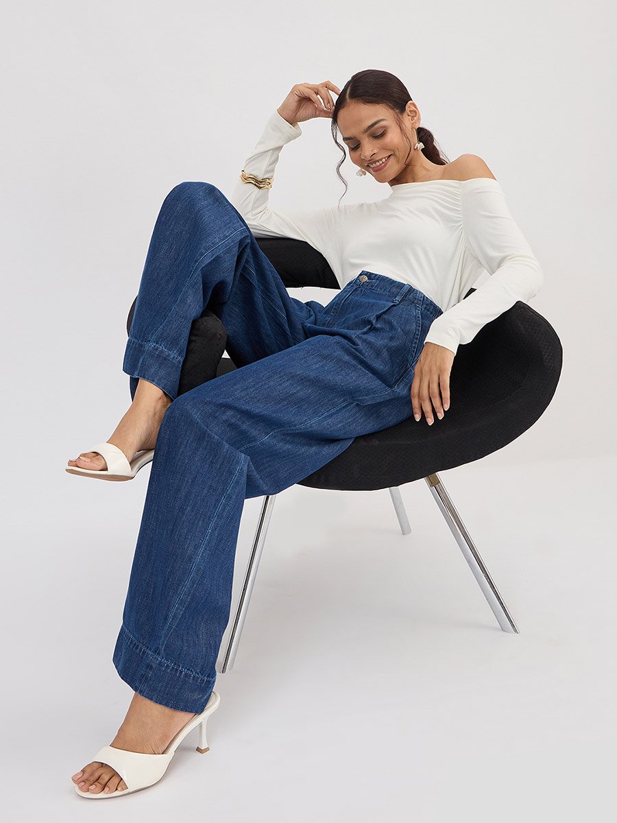 Blue Mid-Rise Wide Leg Jeans