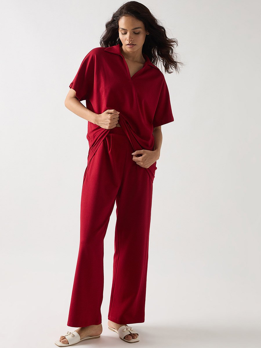 Red Cotton Knit Straight Fit Pants