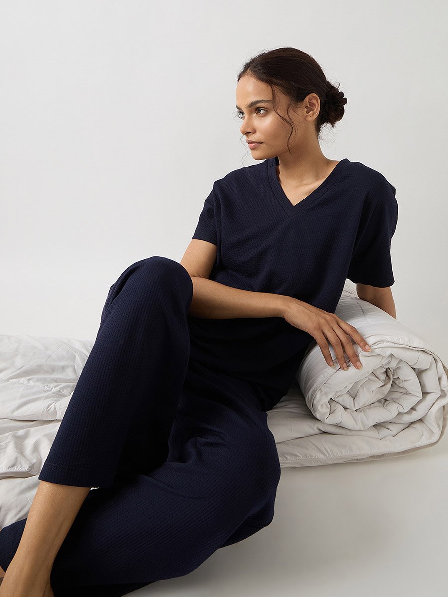 Navy Blue Cotton Knit Straight Pants