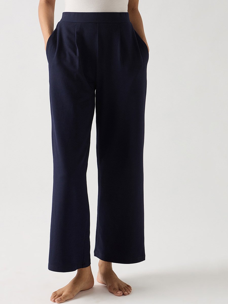 Navy Blue Cotton Knit Straight Pants