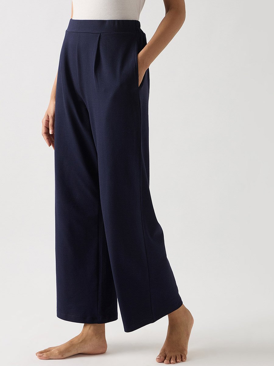Navy Blue Cotton Knit Straight Pants