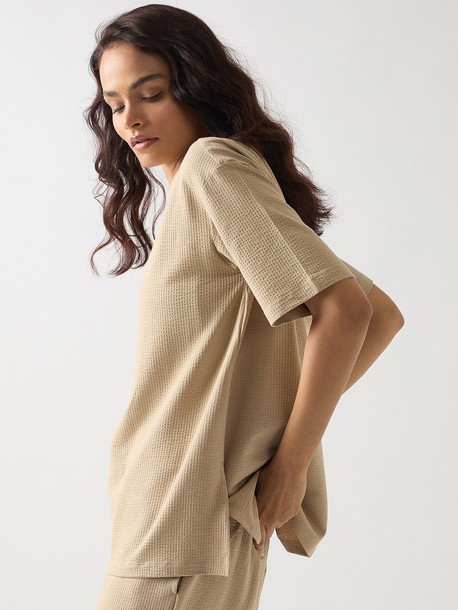 Beige Cotton Short Sleeve Knit T-Shirt