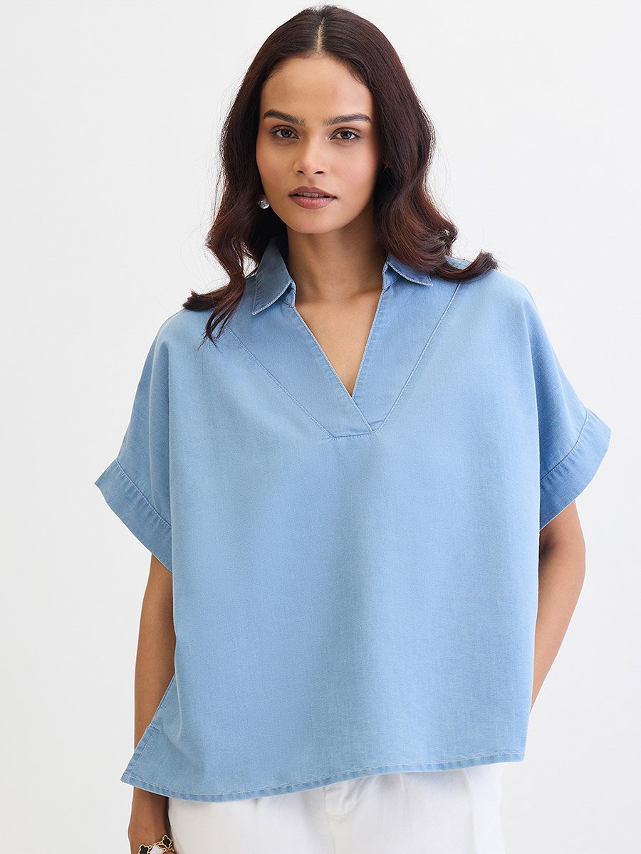 Blue Denim V-Neck Short Sleeve Top
