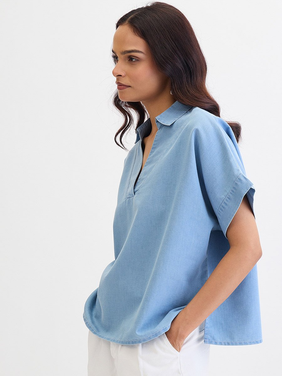 Blue Denim V-Neck Short Sleeve Top
