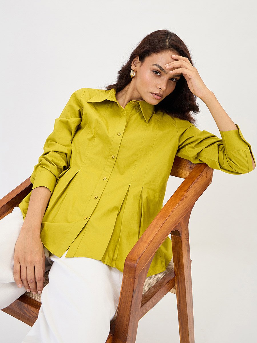 Citrine Green Poplin Pleated A-Line Shirt