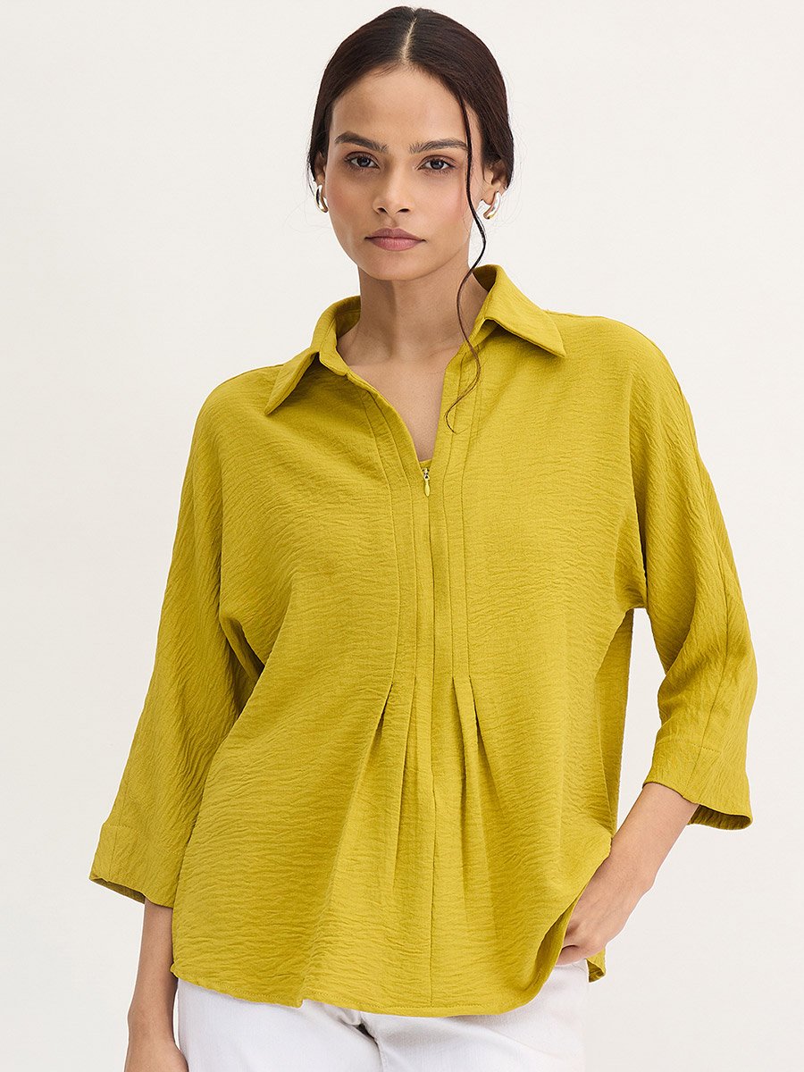 Citrine Green Pleat Detail Top with 3/4 Sleeves
