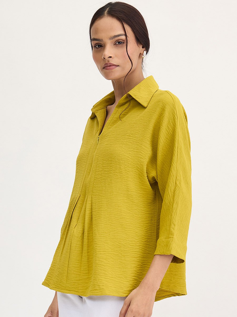 Citrine Green Pleat Detail Top with 3/4 Sleeves