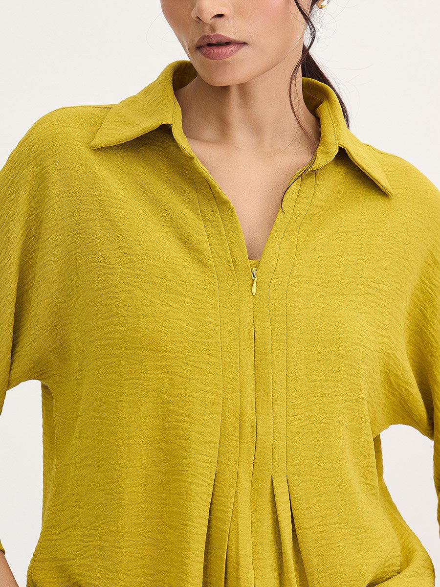 Citrine Green Pleat Detail Top with 3/4 Sleeves