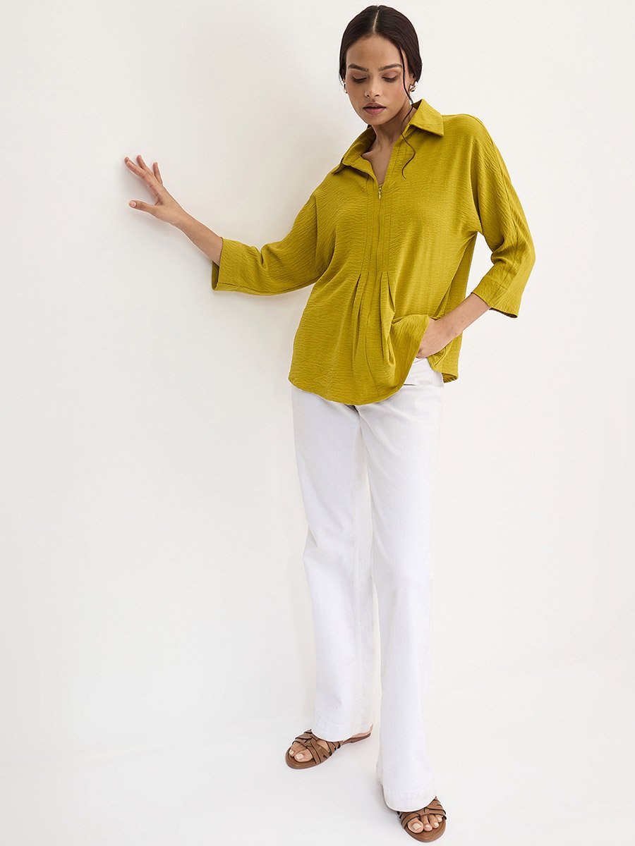Citrine Green Pleat Detail Top with 3/4 Sleeves
