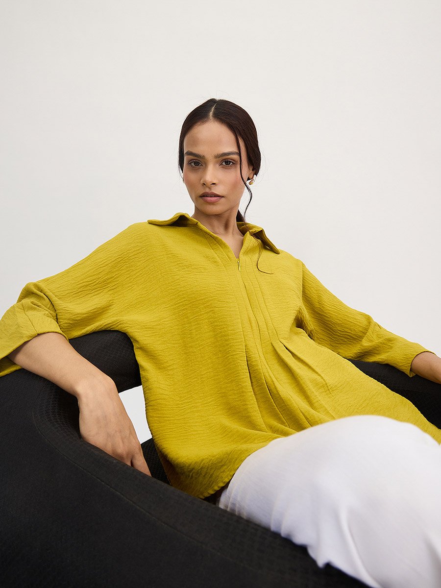 Citrine Green Pleat Detail Top with 3/4 Sleeves