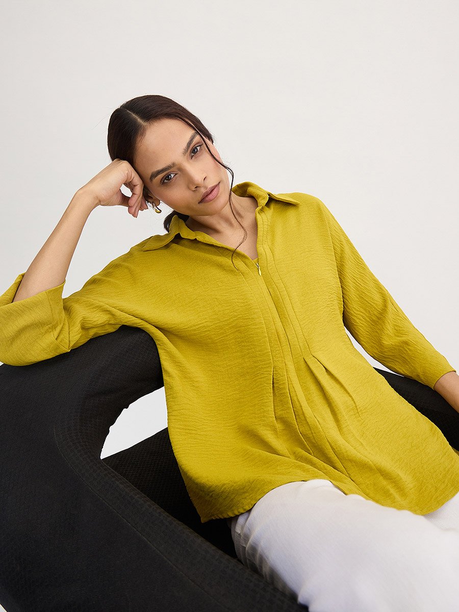 Citrine Green Pleat Detail Top with 3/4 Sleeves